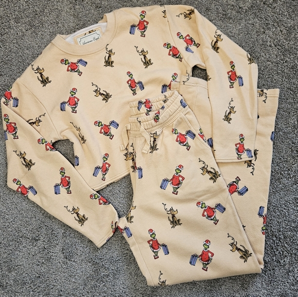 AMERICAN EAGLE Lounge Set Fleece Cropped Sweatshirt + Pants Grinch Print PJ XS - Picture 4 of 9